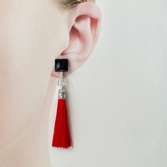Red and Black Tassel Earrings - Picture 3 of 3